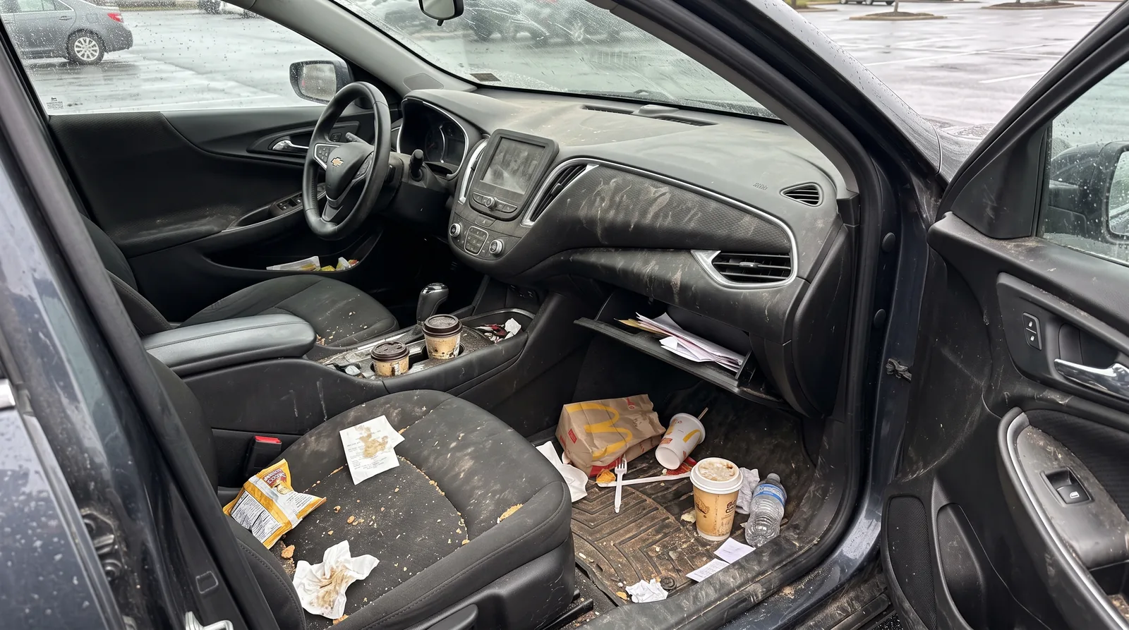 Verschmutzter Autoinnenraum mit Krümeln, Staub und Müll vor der Reinigung